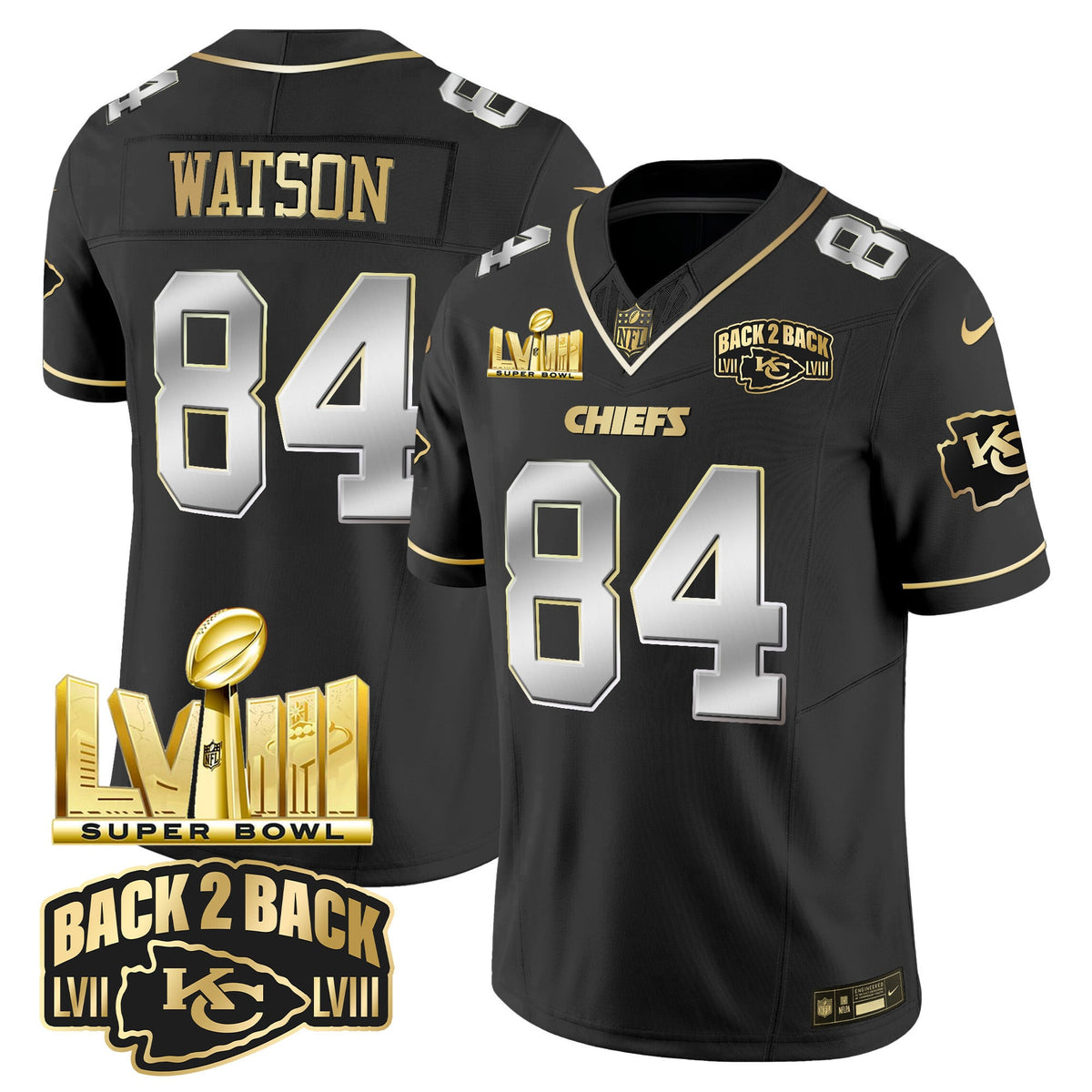 Men's Chiefs Super Bowl LVIII & Back 2 Back Gold Patch Vapor Jersey V2 - All Stitched