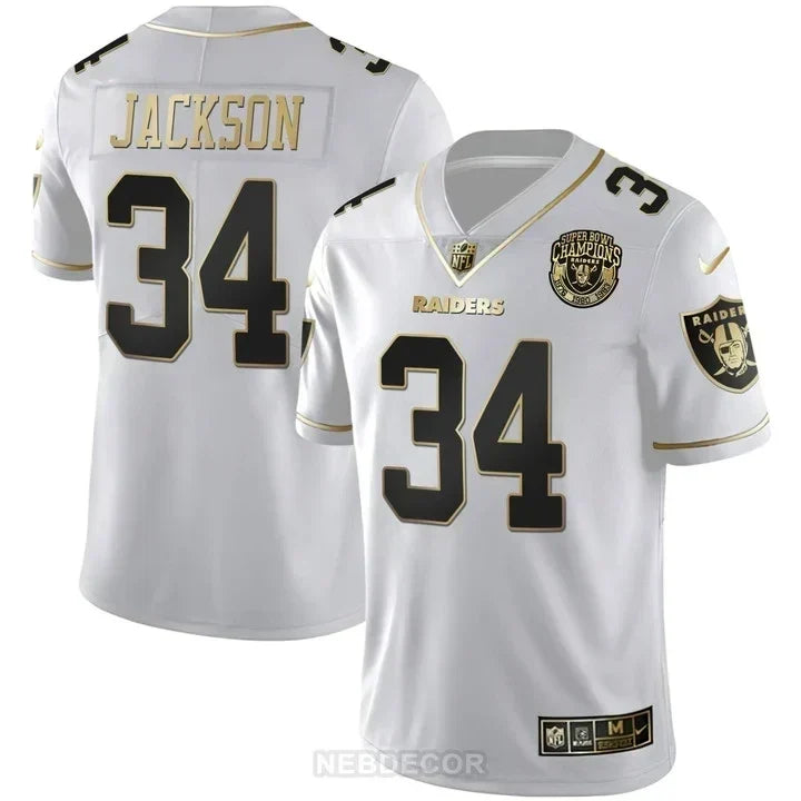 MEN'S RAIDERS SUPER BOWL CHAMPIONS PATCH WHITE GOLD AND BLACK GOLD JERSEY - ALL STITCHED