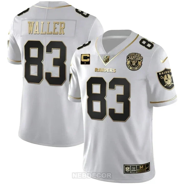 MEN'S RAIDERS SUPER BOWL CHAMPIONS PATCH WHITE GOLD AND BLACK GOLD JERSEY - ALL STITCHED
