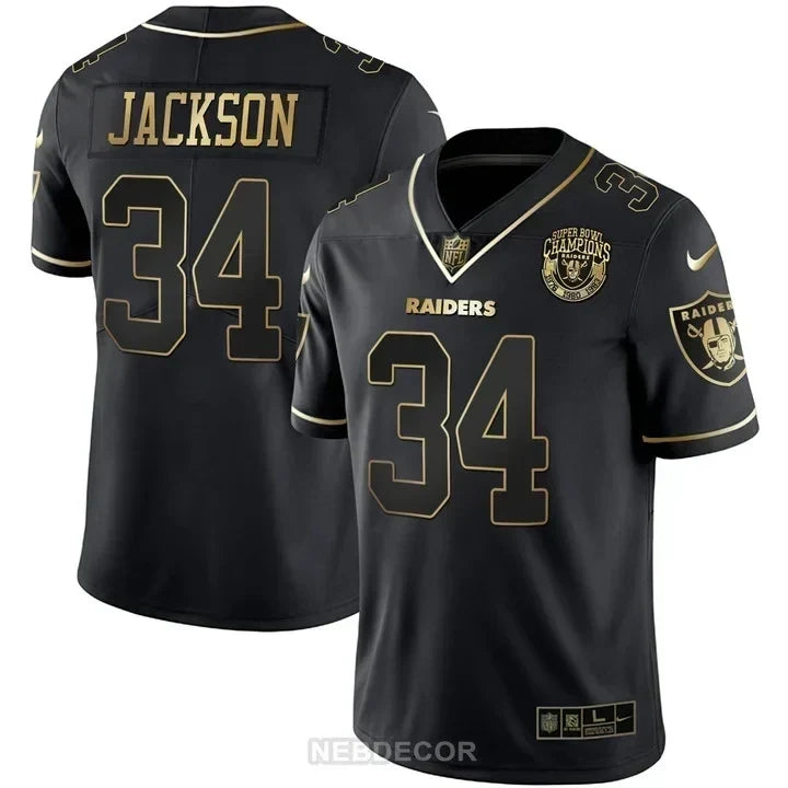 MEN'S RAIDERS SUPER BOWL CHAMPIONS PATCH WHITE GOLD AND BLACK GOLD JERSEY - ALL STITCHED